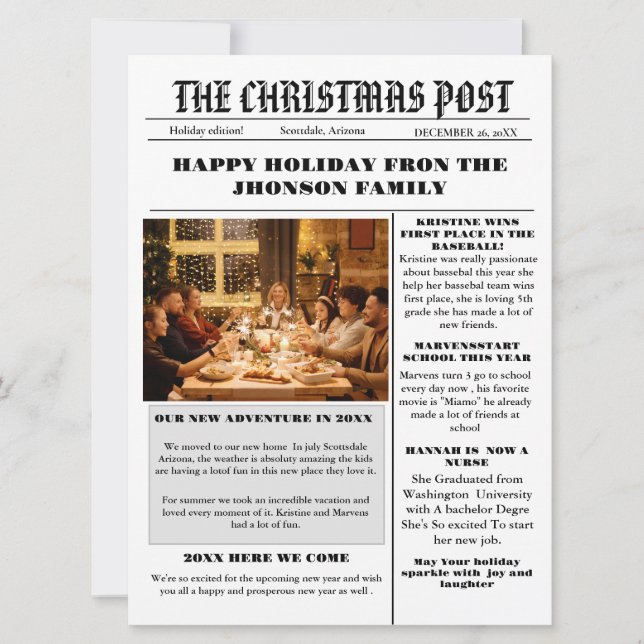 Christmas Family Newspaper + Year In Review Photo  Invitation (Front)