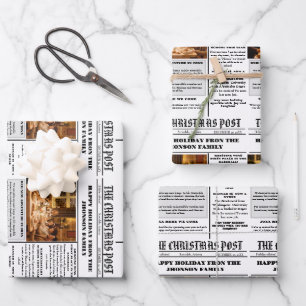 Christmas Family Newspaper + Year In Review Photo Wrapping Paper Sheet