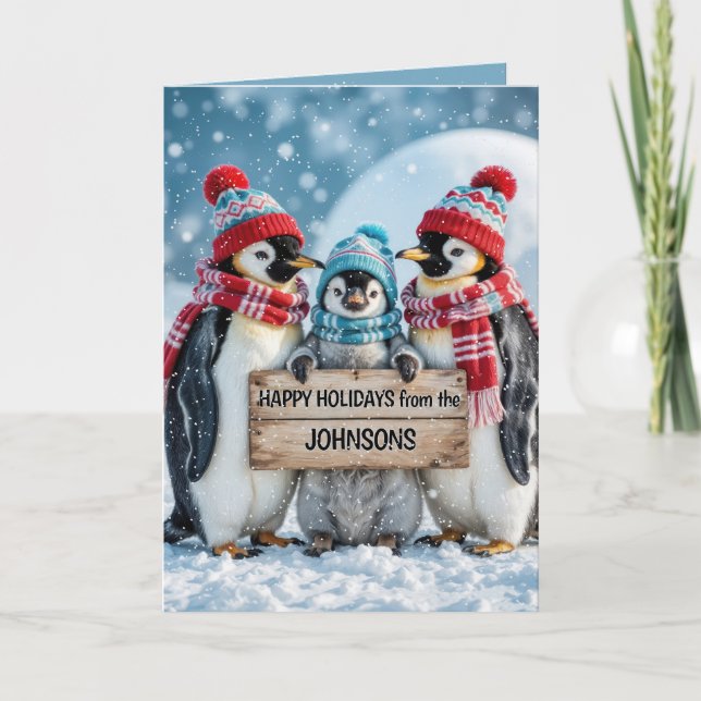 Christmas Family Penguins With a Wooden Sign Card (Front)