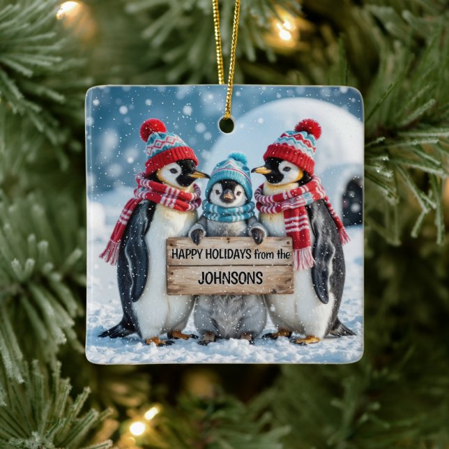 Christmas Family Penguins With a Wooden Sign Ceramic Ornament (Tree)