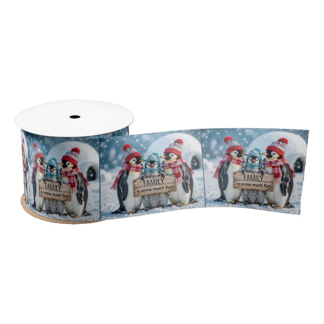 Christmas Family Penguins With a Wooden Sign Satin Ribbon (Spool)