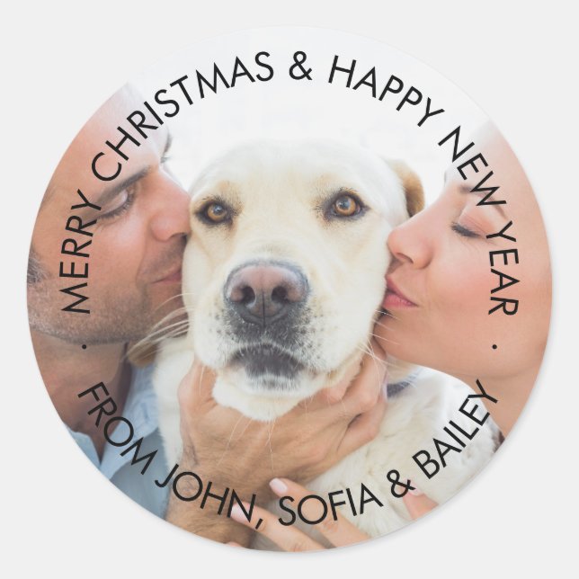 Christmas family photo and custom text holiday classic round sticker (Front)