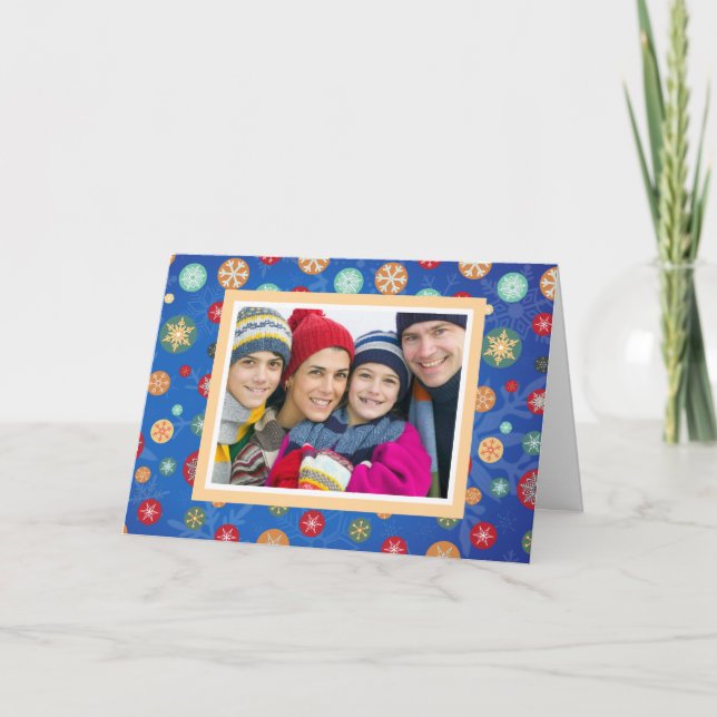Christmas Family Photo Bright Blue Snowflakes Holiday Card (Front)