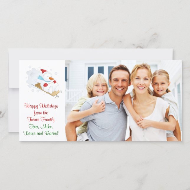 Christmas Family photo card, with a snowman riding Holiday Card (Front)
