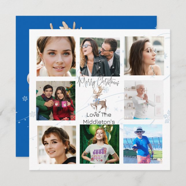 Christmas Family Photo Collage Blue Deer Holiday Card (Front/Back)
