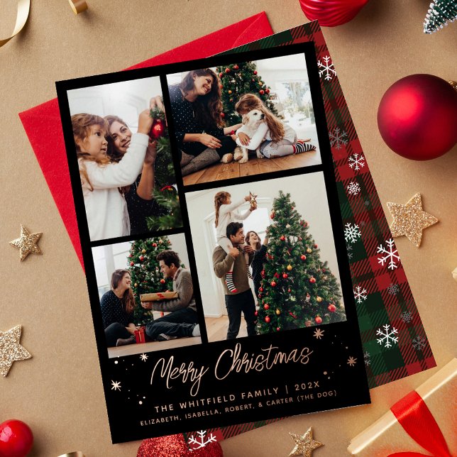Christmas Family Photo Collage Plaid Rose Gold Foil Holiday Card (Rustic Plaid Christmas Multi Photo Family Rose Gold Greetings Card)