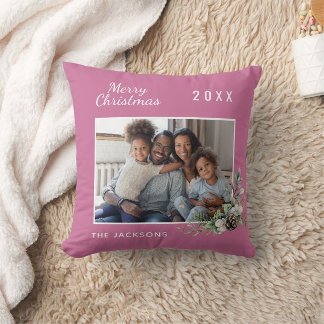 Christmas family photo dark pink cone pine name cushion (Blanket)