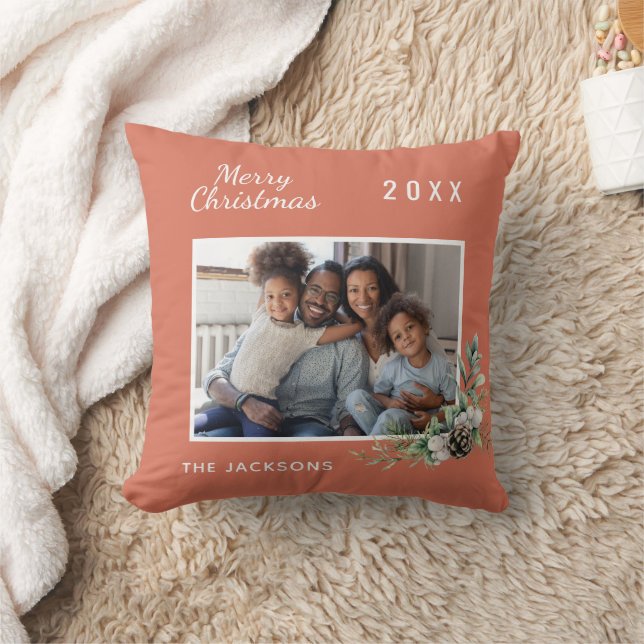 Christmas family photo dusty earth cone pine name cushion (Blanket)