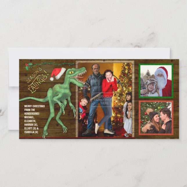 Christmas Family Photo Funny Velociraptor Dinosaur Holiday Card (Front)