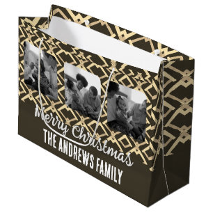Christmas Family Photo Geometric Brown Beige Large Gift Bag