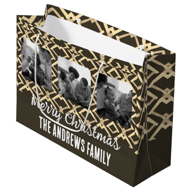 Christmas Family Photo Geometric Brown Beige Large Gift Bag (Front Angled)