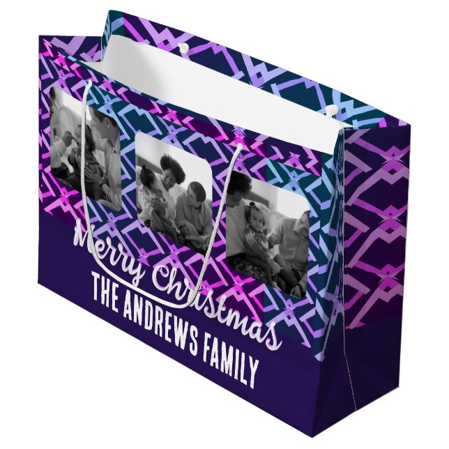 Christmas Family Photo Geometric Fuchsia Purple Large Gift Bag (Front Angled)