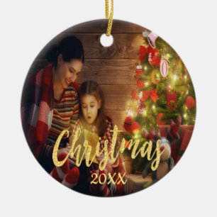 Christmas family photo gold script ceramic tree decoration