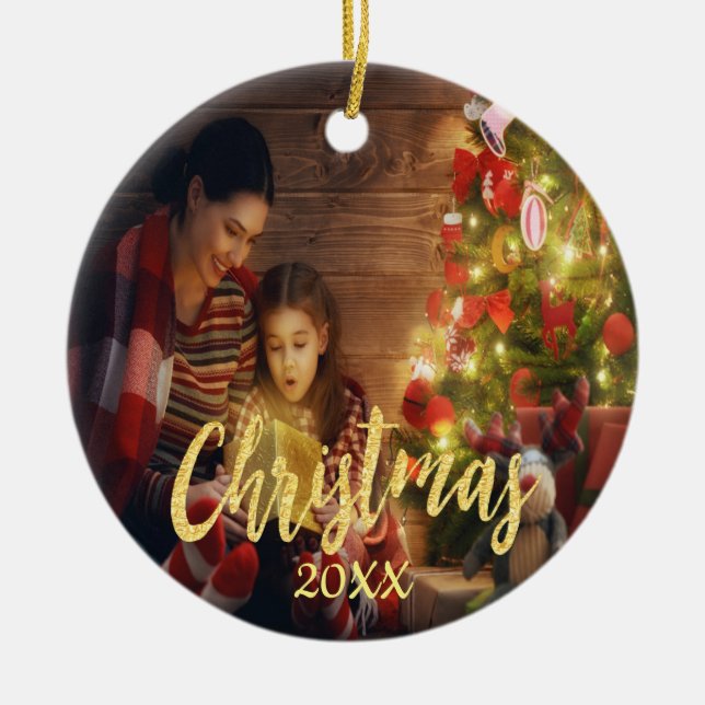 Christmas family photo gold script ceramic tree decoration (Front)