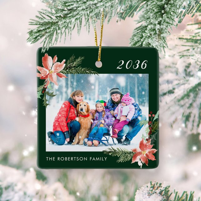 Christmas Family Photo Green Poinsettia Ceramic Ornament (Creator Uploaded)