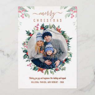 Christmas Family Photo Greenery Rose Gold Foil Holiday Card