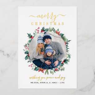 Christmas Family Photo Holly Red Berries Gold Foil Holiday Card