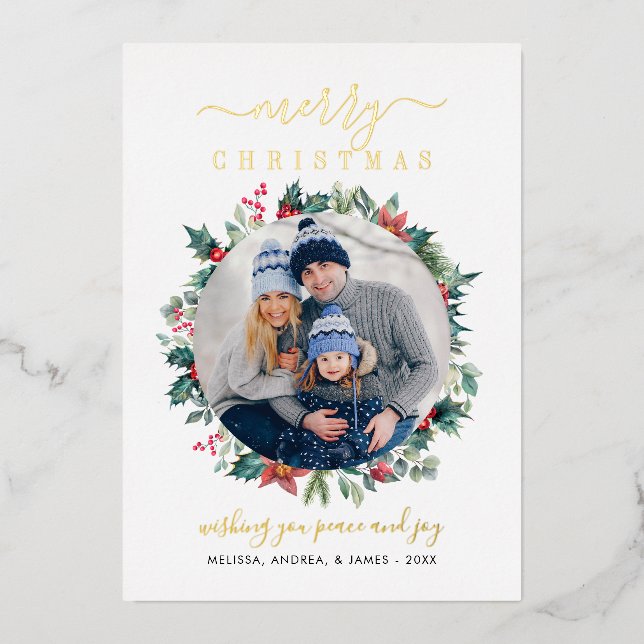 Christmas Family Photo Holly Red Berries Gold Foil Holiday Card (Front)