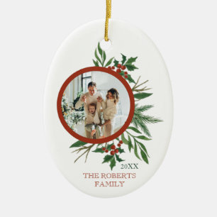 Christmas Family Photo Holly Wreath Oval Ceramic Tree Decoration