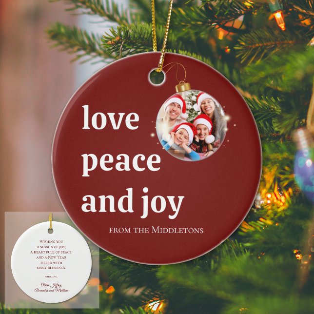 Christmas Family Photo Love Peace Joy Holiday Ceramic Tree Decoration (Creator Uploaded)