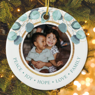 Christmas Family Photo Modern Eucalyptus Ceramic Tree Decoration