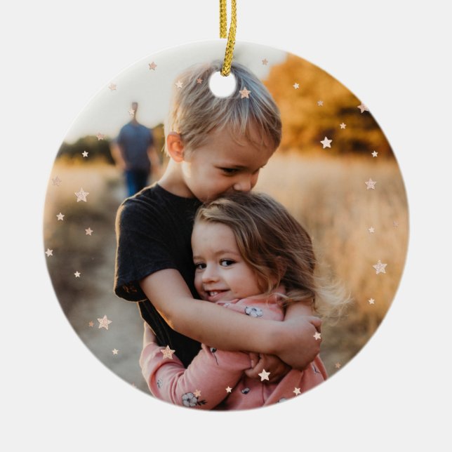 Christmas Family Photo Modern Gold Stars  Ceramic Tree Decoration (Front)