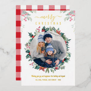 Christmas Family Photo Plaid Gold Foil Holiday Card