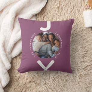 Christmas family photo plum purple joy cushion