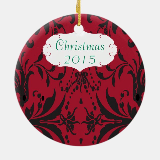 Christmas Family Photo Red Chandelier #3 Damask Ceramic Tree Decoration (Back)