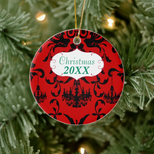 Christmas Family Photo Red Chandelier #3 Damask Ceramic Tree Decoration (Tree)