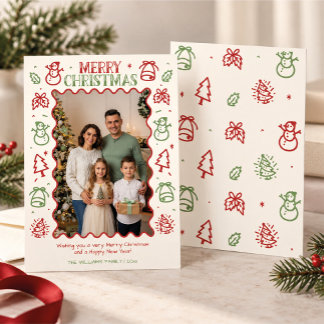 Christmas Family Photo Red Green Doodle Border Holiday Card
