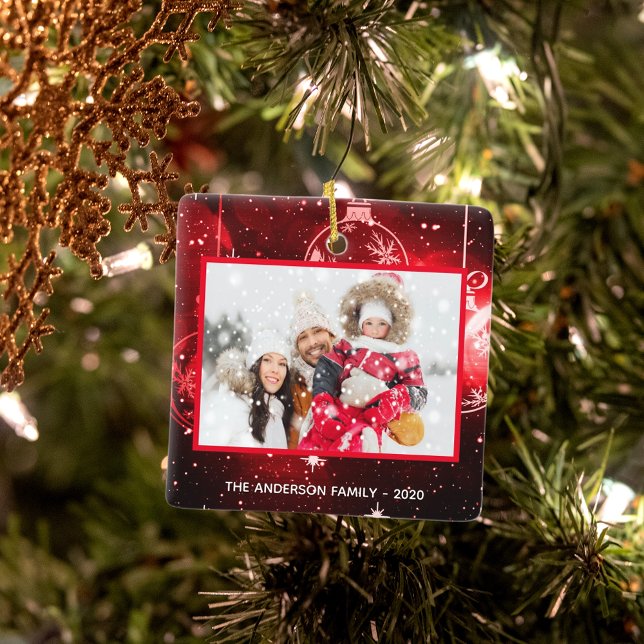 Christmas family photo red stars baubles ceramic ornament (Creator Uploaded)
