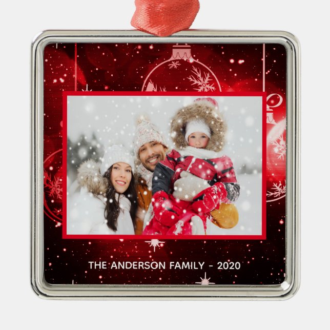 Christmas family photo red stars baubles metal tree decoration (Front)