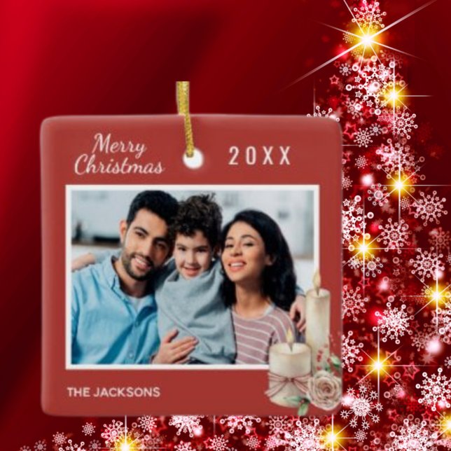 Christmas family photo red white candle decor ceramic ornament (Creator Uploaded)