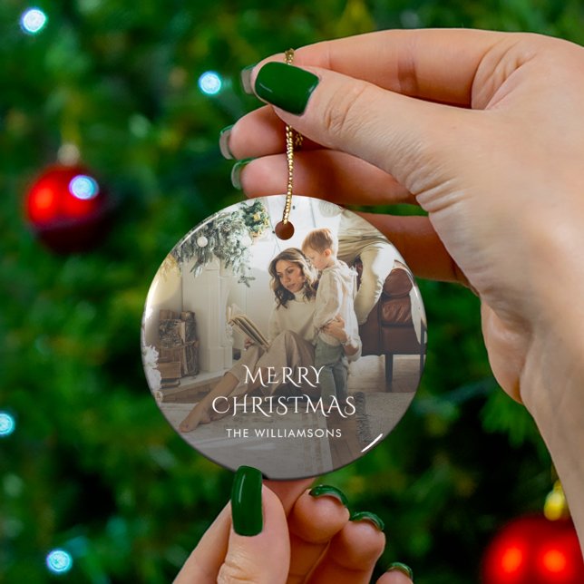 Christmas Family Photo Rustic Ceramic Tree Decoration (Christmas Family Photo Typography Holiday Ceramic Ornament)