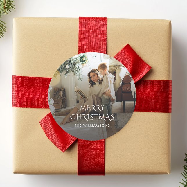Christmas Family Photo Rustic Elegant Classic Round Sticker (Family Photo Modern Christmas Sticker)