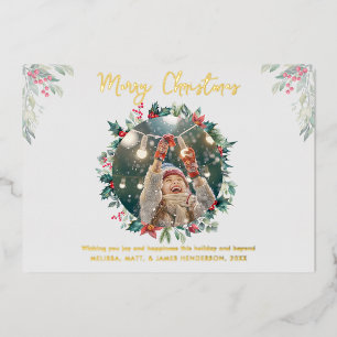 Christmas Family Photo Rustic Plaid Gold Foil Holiday Card