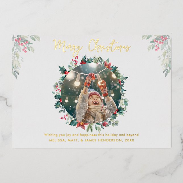 Christmas Family Photo Rustic Plaid Gold Foil Holiday Card (Front)