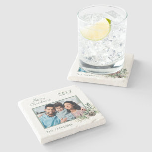 Christmas family photo sage green name stone coaster