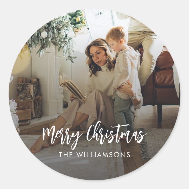 Christmas Family Photo Script Modern Classic Round Sticker (Front)