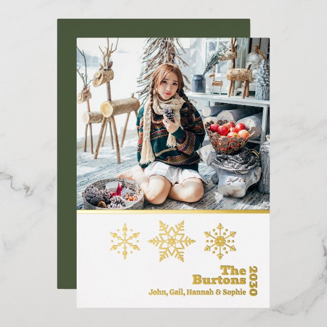  Christmas Family Photo Snowflake Gold Foil Holiday Card (Front/Back)