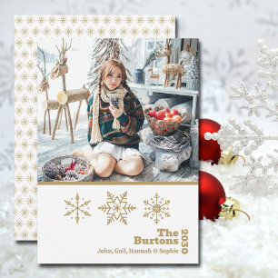  Christmas Family Photo Snowflake Gold White Holiday Card