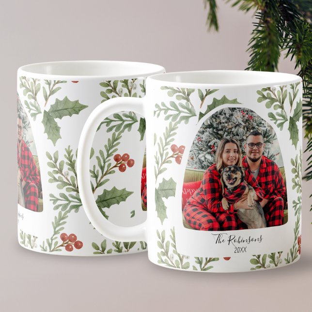Christmas Family Photo Typography Botanical Coffee Mug (Creator Uploaded)