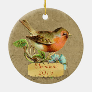 Christmas Family Photo Vintage Bird Coral Aqua Ceramic Tree Decoration
