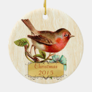 Christmas Family Photo Vintage Bird Russet Aqua Ceramic Tree Decoration