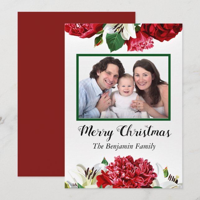 Christmas Family Photo Watercolor Red Flowers Holiday Card (Front/Back)