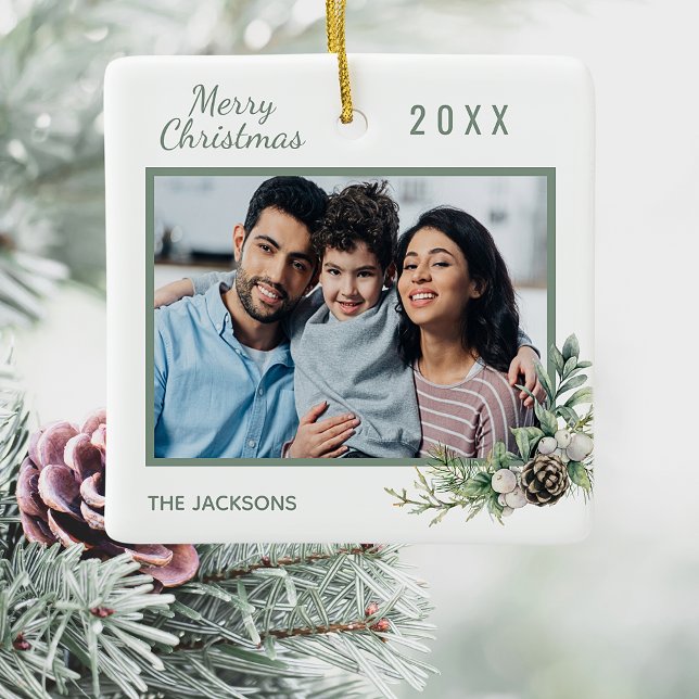 Christmas family photo white cone pine ceramic ornament (Creator Uploaded)