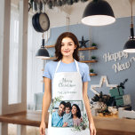 Christmas family photo white cone pine name apron<br><div class="desc">Personalise and add your own family photo. A green frame decorated with a cone and pine greenery. Elegant white background.  Add your family name.</div>