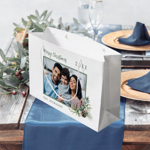 Christmas family photo white cone pine name large gift bag