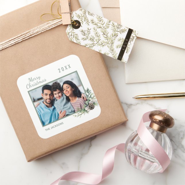 Christmas family photo white cone pine square sticker (Gifting)